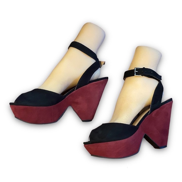 Sandro H12 Abracadabra Suede Platform Colorblock Graphic Ankle Strap Sandals - Picture 2 of 12